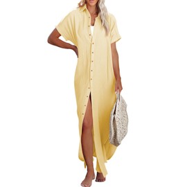 Herseas Womens Casual Short Sleeve Side Split Button Down 2025 Summer Vacation Dress Long Kimonos Cardigans Swimsuit Cover Ups Resort Outfits Yellow Large 12 14
