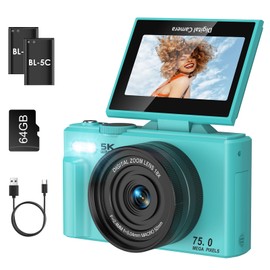 SOPPY 5K Digital Camera with WiFi Transfer, 75MP Vlogging, 18X Zoom & 3" Flip Screen, Auto Focus YouTube Camera, 64GB SD Card Included, Compact for Kids, Teens & Beginners, Blue