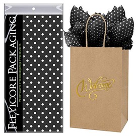 Flexicore Packaging Natural Brown Kraft Paper Welcome Bags & Black Gift Wrap Tissue Paper | Size: 5.25 Inch X 3.25 Inch X 8.25 Inch | Count: 50 Bags | Color: Black Polka Dot
