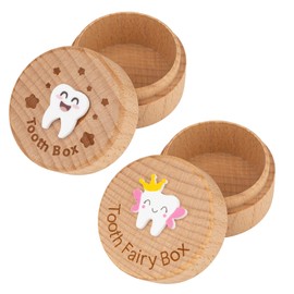 Leikedun 2Pcs Tooth Fairy Box, 3D Carved Wooden Tooth Storage Box Cute Tooth Keepsake Holder for Dropped Baby Tooth