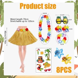 Hawaiian Fancy Dress Women, 8-Piece Tropical Party Set with Grass Skirt and Flower Garland, Hawaiian Outfit for Beach Party and Music Festival, Soft Fabric Material