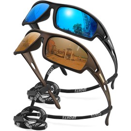 AWGSEE - anteojos de sol polarizadas deportivas para hombre, 100% protección UV envolventes alrededor irrompibles para pesca y conducción, Paquete de 2 unidades, espejo azul+café, M