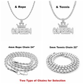 HH BLING EMPIRE Iced Out Name Pendant Chain Necklaces for Men Gold Silver Diamond Letter Necklace Hip Hop Queen Tennis Chains 22 Inch (Queen-Silver,& Tennis)