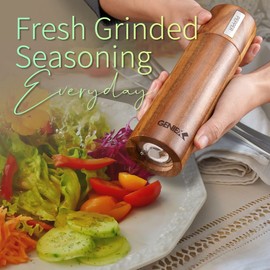 GENIEX KING Acacia Salt Pepper Wood Grinders, Wooden Salt and Pepper Grinder Set, Refillable and Adjustable, 8" Tall Manual Salt Pepper Grinder Mill 2pcs, Cool House Warming Gift and Home Gifts