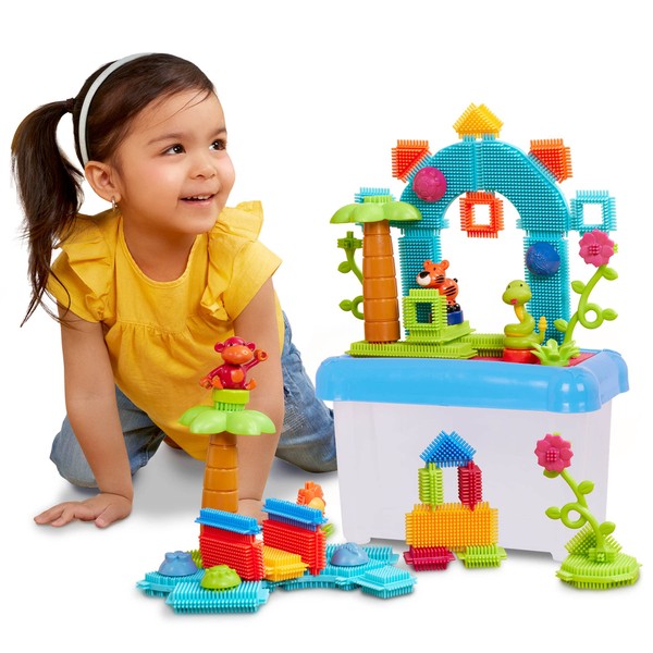 Battat- Bristle Blocks- STEM Interlocking Building Blocks- 58 pc Playset- Reusable Storage Bucket- Developmental Toys for Toddlers & Kids- Jungle Adventure- 2 Years +