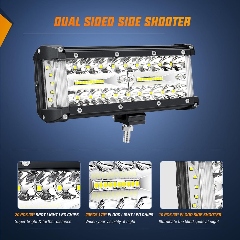 Nilight Side Shooter Light Bar 7 Inch Triple Row Spot
