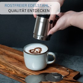 Westmark Kakaostreuer für Cappuccino & Co - Dekorierstreuer aus Edelstahl mit 4 Cappuccino Schablonen - 250 ml Füllvolumen - Einfacher Motivwechsel (silber)