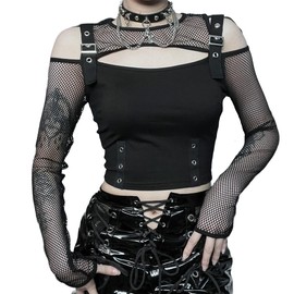 Punk T Shirt Goth Crop Top for Women Gothic Fishnet Cropped Tee Y2k Shirts Rave Cutout Steampunk Grunge Emo Alt