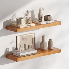 WIDELUCK Solid Wood Floating Shelves for Wall–Rustic Mounted Shelves for Living Room,Bedroom, Kitchen–Farmhouse Wall Shelf Set of 2 for Storage,Books,Room Decor (Oak, 16.5in)