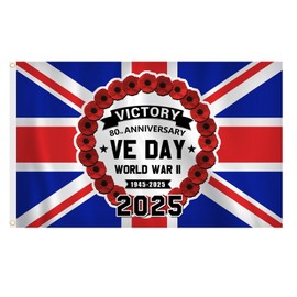 VE Day Flag 80th Anniversary Flag, 5'x3' (150x90cm) Victory In Europe Decorations 1945-2025 World War II Anniversary Flag UK Flag for Indoor/Outdoor