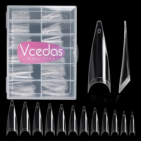 Vcedas 120PCS Extra Long Stiletto Soft Gel Nail Tips Clear Half Cover Sharp Fake Nails 12 Sizes Long Press On Sharp Stiletto Nail Tips XL for Acrylic Nails