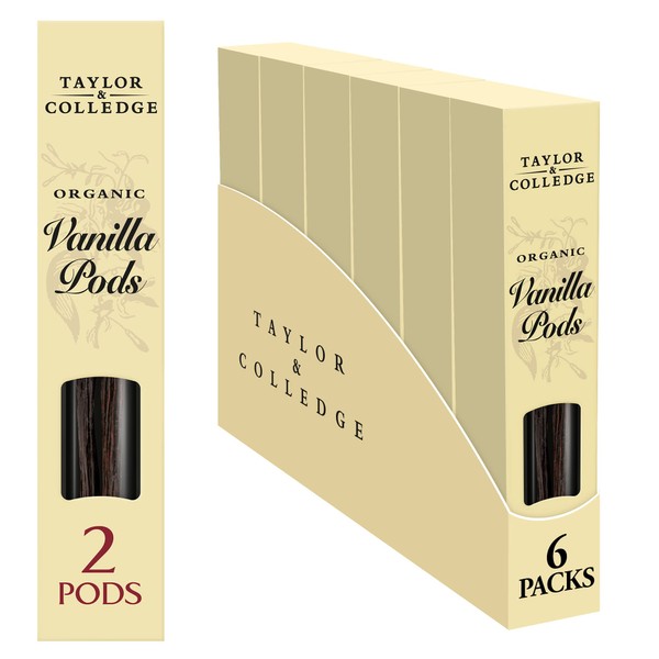Taylor & Colledge Organic Vanilla Beans 2 Whole Pods, Pack of 6x2 (12 Pods)