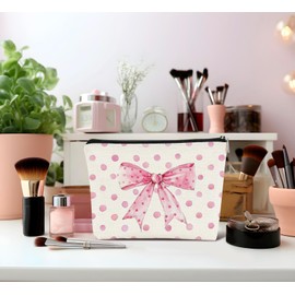 Dejfel Coquette Makeup Bag, Pink Preppy Makeup Bag, Pink Coquette Bow Aesthetic Cosmetic Bags Zipper Pouch for Women, Girly Makeup Bag, Preppy Gifts, Preppy Stuff, Coquette Stuff, Cute Makeup Pouch