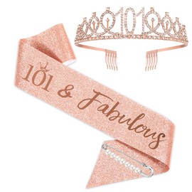 Szhuiher 101th Birthday Sash and Tiara for Women, Rose Gold Birthday Sash Crown 101, Fabulous Sash and Tiara, 101th Birthday Gifts for Happy 101th Birthday Party Favor Supplies, One size, Alloy,