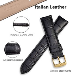WOCCI 20mm Leather Watch Strap for Men and Women, Italian Leather, Embossed Alligator Grain, Gold Buckle (Black)