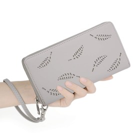 UTO Women Wallet RFID Large Leather Hollow-Carved Leaves Card Holder Checkbook Passport Organizer Ladies Travel Clutch with Wristlet CA