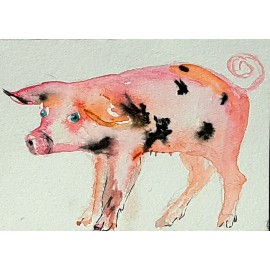 ACEO pink pig pet art signed painting,home interior design,pig lover best gift