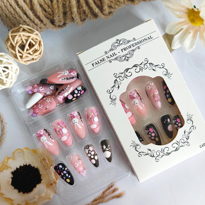 24 Pcs Easter Press on Nails Almond Shaped Fake Nails