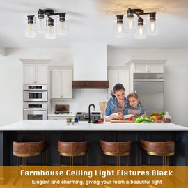 YYT Semi Flush Mount Ceiling Light, Black Ceiling Light Fixture, 4-Light Kitchen Ceiling Light fixtures, Kitchen Lighting Fixtures Ceiling, Ceiling Lights with Glass Shade for Bedroom Foyer Dinning