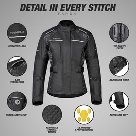PANDA CYCLE GEAR Motorcycle Jacket Women All Season Waterproof Impact CE Armored for Enduro and Dual Sports Touring Adventure Biker Jacket|Black-XL