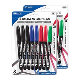 BAZIC Permanent Marker Fine Tip Assorted Color Markers, Coloring Doodling on Plastic Wood Metal Glass Stone, for School Office Art (8/Pack), 2-Packs