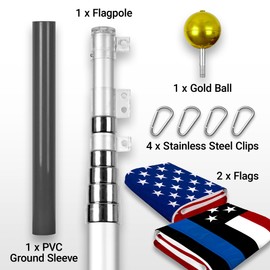 G128 Combo Pack: 25 Ft Telescoping Aluminum Flagpole (Silver) & American and Blue Lives Matter Flags 3x5 Ft, Both StormFlyer Series Embroidered 220GSM Spun Polyester | Pole with Flags Included