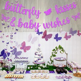 Sursurprise Butterfly Kisses and Baby Wishes Banner Purple Butterfly Baby Shower Decorations for Girl
