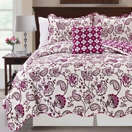 Serenta Printed Paisley Flower 4 Piece Reversible Quilted Coverlet Set, King Purple