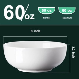 QINLANG 60 Ounces Large Soup Bowl, 8 Inches Pho Bowls, Large Ramen Bowls Set of 3, Off-White Porcelain Big Serving Bowls for Salad and Kitchen
