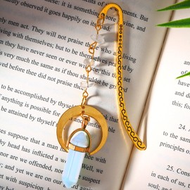 Vintage Metal Bookmark Pendant with Natural Crystal StonesWhite Tassel Bead Chain – Elegant Book Marks for Women, Men, Book Lovers, Teachers, and Girls(White Tassel)