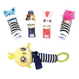 BABY K Baby Rattle Socks & Hand Rattle for Girls & Boys (Pet+Bird Set D) - Baby Toys 6-12 Months - Baby Wrist Rattles and Foot Rattles - Baby Toys for Newborns As Gift - Easy to Wear Baby Rattle Toys