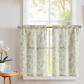 Vangao Farmhouse Kitchen Curtains Floral Print Cafe Curtains 24 Inch Length Linen Blend Tier Curtains Short Half Window Curtains Rod Pocket 2 Panels Green on Beige