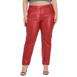 HDE Women's Plus Size Faux Leather Pants High Waist Straight Leg Pant w/Pockets Red - 3X