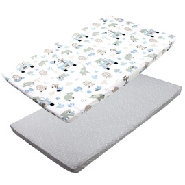 TupTam Baby Fitted Sheet for Baby Cot Bed Pack of 2, Colour: Zoo Blue/Stars/White/Grey, Size: 90 x 200 cm