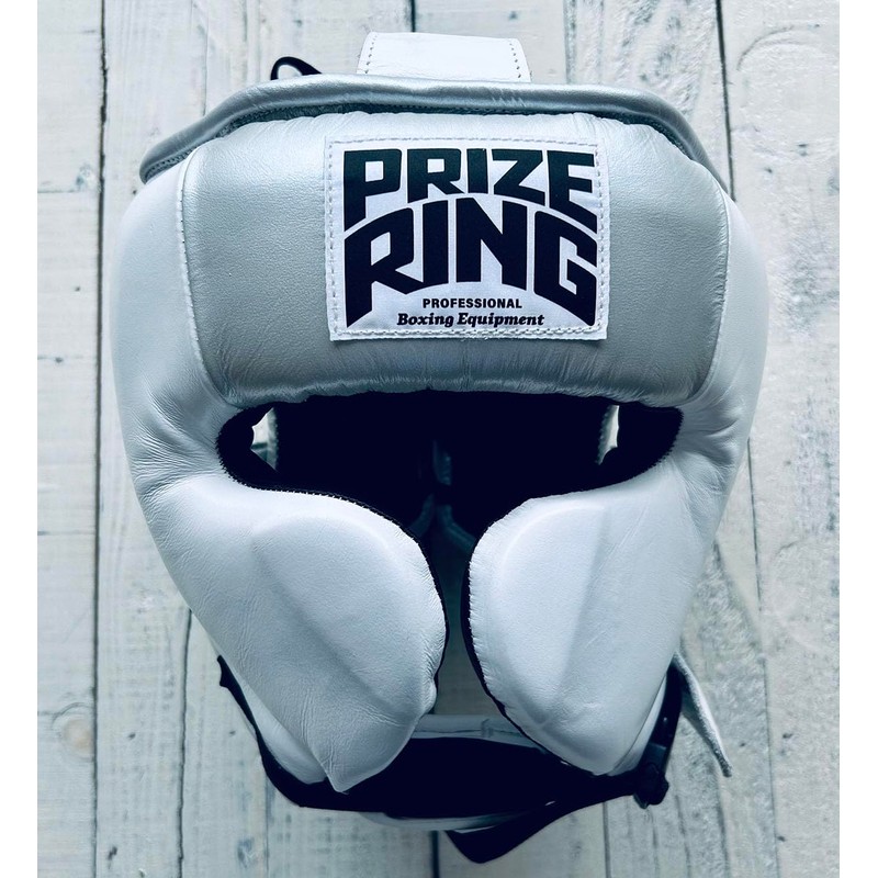 PRIZE RING "Professional SS" Genuine Leather Headgear Silver/White Large