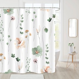 Gibelle Long Shower Curtain 72 x 78, Watercolor Floral Fabric Shower Curtain, Sage Green Beige Flower Decorative Bathroom Shower Curtain Set with Hooks