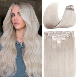 Clip in Hair Extensions Real Human Hair #60 Platinum Blonde Clip in Hair Extensions for Women 85g Straight Remy Human Hair 14 Inch 7Pcs Double Weft