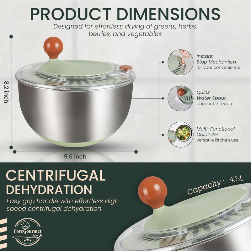 Stainless Steel Salad Spinner 5 Qt, Vegetable & Fruit Washing