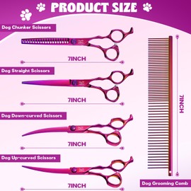 JASON Dog Grooming Scissors Set - Professional 6 in 1 Dog Shears Set - 7" Chunker, 7" Straight, 7" Up-Curved, 7" Down-curved Scissors and Comb for Cat Pet with Adjustable Screw
