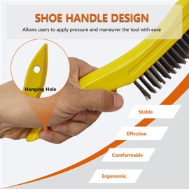 Hymnorq 3 Pack Wire Scratch Brushes with Wooden Shoe Handle and 4-Row Heavy Duty Steel Bristles for Removing Paint Stains Rust Corrosion Welding Slag and More, 1" Long