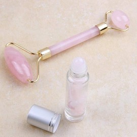 YISHUI Natural Rose Quartz Massage Jade Roller Massager Natural Ball Double Head Beauty Stone Roller Ball Bottle Reiki Healing Stone Double Body Spa Relaxation Tool Set W3478