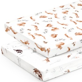 GRSSDER Stretchy Ultra Soft Jersey Knit Fitted Pack n Play Sheets Set 2 Pack, Portable/Mini Crib for Boys and Girls, Cute Jungle Squirrels Animals