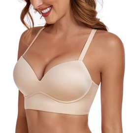 Lemorosy Women's Plunge Push Up Bra Seamless Padded Wireless Comfort Longline Bralette(Beige,38DD)