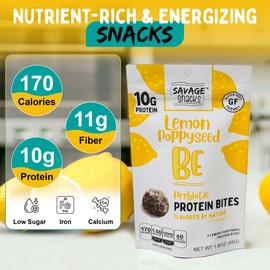 Savage Snacks Be Lemon Poppyseed Whole Food Prebiotic (Pack of 6) 10g Protein Balls & Bites - Convenient On-The-Go Tasty Protein Snacks - High-Protein, Gluten-Free, Grain-Free & Flavored by Nature