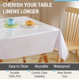 HLC.ME Clear Vinyl Tablecloth Cover, Plastic Table Cover Rectangular, Crystal Clear Plastic Table Cover Protector for Dining Table, Vinyl Table Cover - 100% PVC, Waterproof, Oil Proof - 60x108 inch
