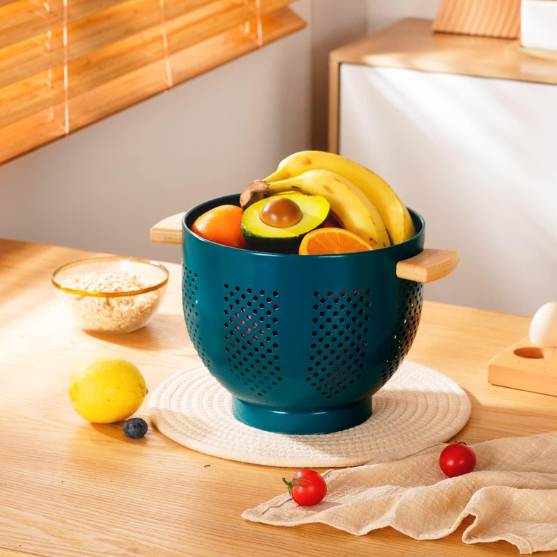 Metal Colander with Wood Handle, Powder Coated Steel Large Kitchen