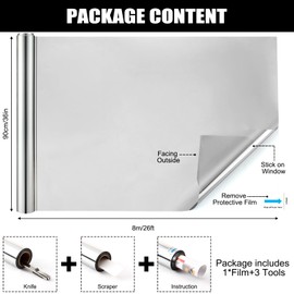 Pushglossy 36 Inch X 26 Ft One Way Window Tint Privacy Reflective Daytime Mirror Film Sun Blocking Thermal Insulated Film Heat Control Static Cling Anti UV for Home Office (Silver)
