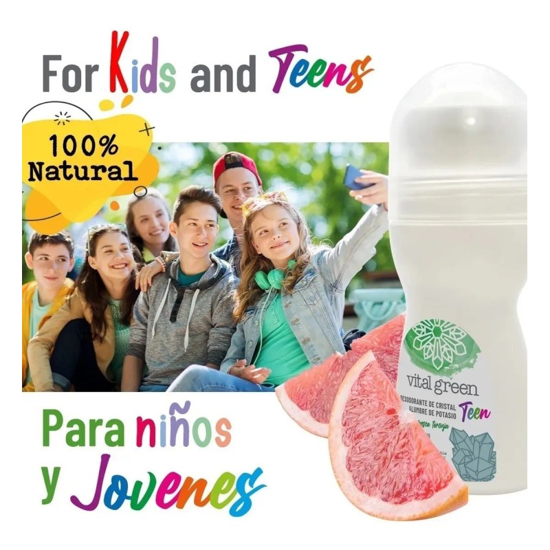 Desodorante Cristal Alumbre Roll On Niños 90ml Vital Green Pomelo