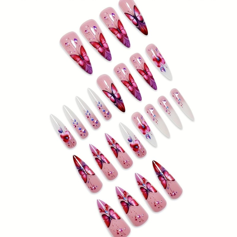Press on Nails Long Almond Fake Nails with Pink and