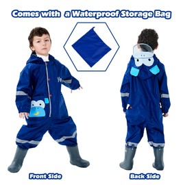 Dioshark Waterproof Rainsuit Boys Kids Puddle Suit Navy Blue All in One Lightweight Breathable Quick Dry Hooded Raincoat Monkey Print with Reflective Stripes and Hat for Outdoor School Age 4-6 Years